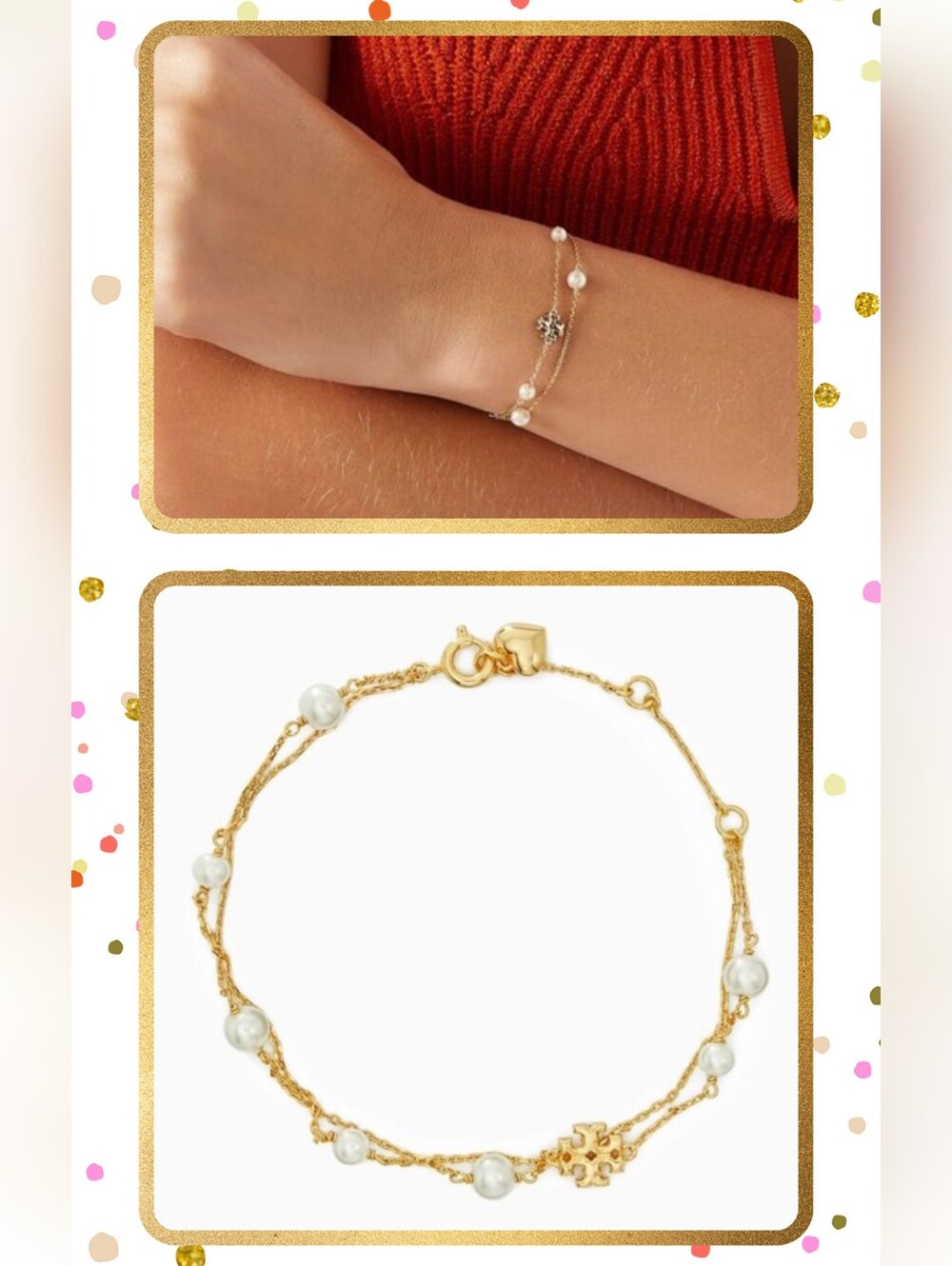 TORY BURCH Kira Double Strands Pearl Pave Logo Bracelet